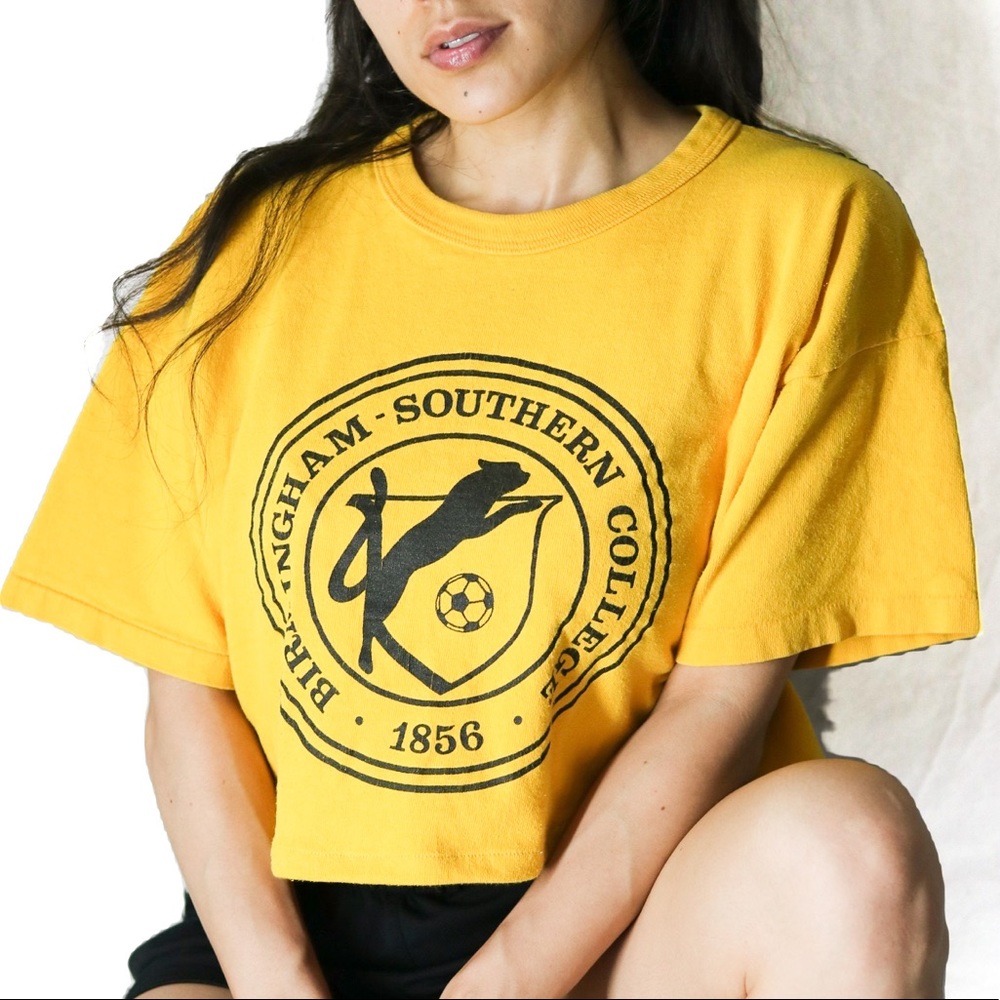 Vintage Champion Soccer Spell Out Yellow And Black Crop Top T-shirt Women’s L/XL - Picture 6 of 10